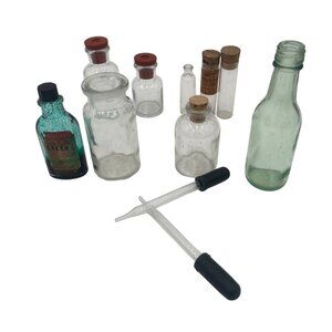Vintage Chemistry Glass Bottles & Tools Set Incl. Litmus Paper Droppers Burnetts